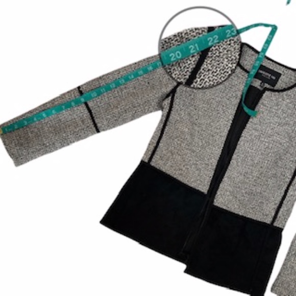 Lafayette 148 NY Collarless Black White Tweed/Suede Fitted Jacket Sz P Front Zip - Picture 12 of 16